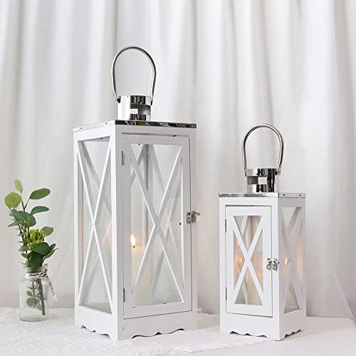 JHY DESIGN Set of 2 Large White Wood Decorative Candle Lanterns Metal Lanterns Candle Holders for Indoor Outdoor Garden Weddings Vintage Hanging Lantern(White Wood, Antique Grey Metal)