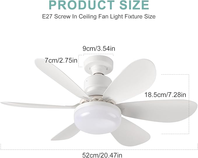 Screw in Ceiling Fan Light E27 Socket with Remote Control LED Lamp Small lamp for Bedroom fan ceiling 3 Speeds 3 Colors White Easy to Install Dimmable Mini Ceiling Fan