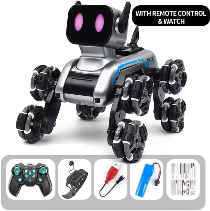 Dog Robot Remote Control 8WD with 2 controller,Remot Control and Control Watch, 2 Rechargeable Batteries Stunt RC Cars, pet robot dog with Music, Toy Gift for Boys and Girls Age 6+