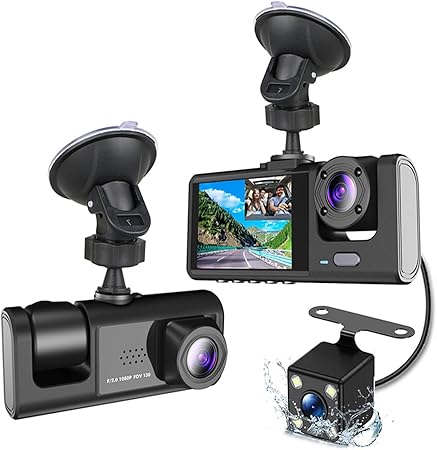 Dash Cam Car, HD 1080P Dash Cam Front Rear with 3 Cameras, Night Vision, 170° Wide Angle, G-Sensor, Motion Detection, Parking Monitoring, Car Safety Driving Recorder Supports 64GB Max