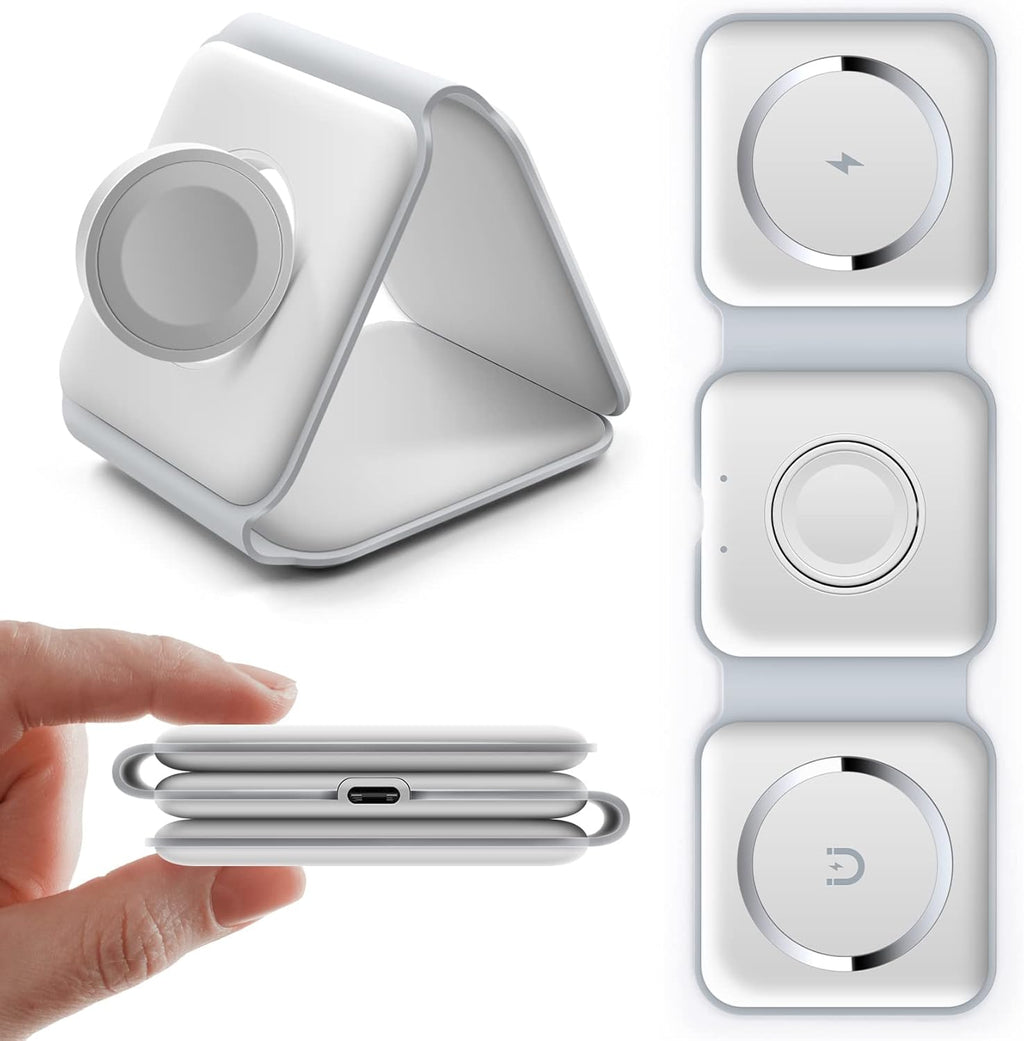 Magnetic Wireless Charger,Foldable Travel 3 In 1 Wireless Charging Station 15w Mag-Safe Wireless Charger Stand Compatible with iPhone 15/14/13/12/11/Pro/Max/X/XS/XR, Apple Watch and Airpods (White)