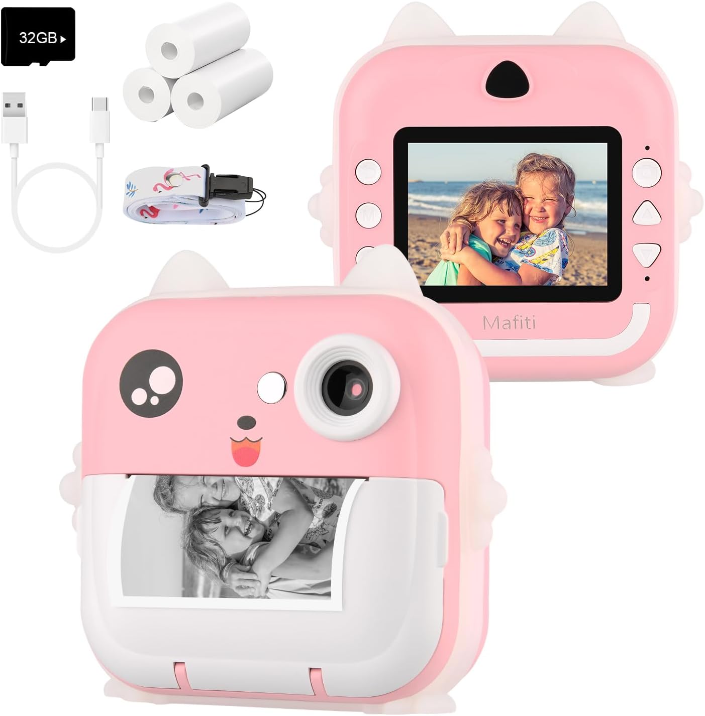 HASTHIP Instant Camera for Kids, 2 in 1 Mini Camera Ink Free Printer, with 35GB TF Card and 2.4 Inch Color Screen Instant Print Camera for Kids, Kids Camera for Kids 3-14 Years (Pink)