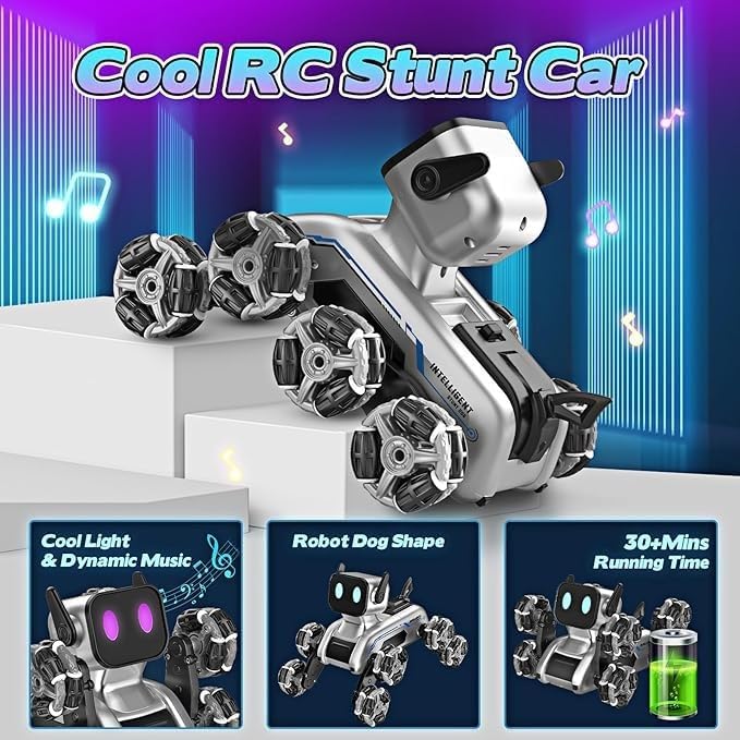 Dog Robot Remote Control 8WD with 2 controller,Remot Control and Control Watch, 2 Rechargeable Batteries Stunt RC Cars, pet robot dog with Music, Toy Gift for Boys and Girls Age 6+