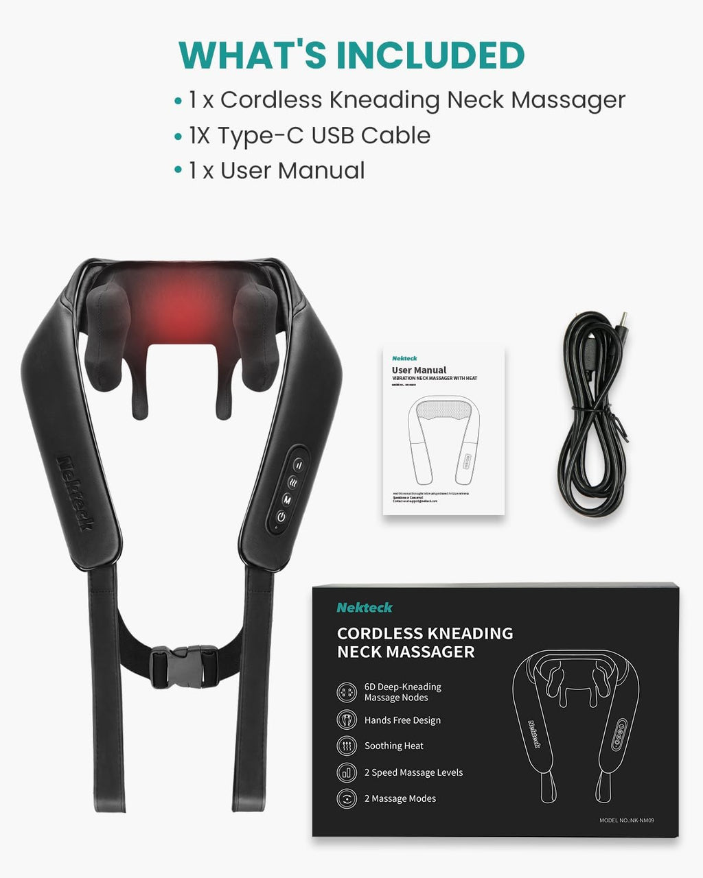 Nekteck Cordless Neck Massager with Soothing Heat, Deep Tissue 4D Expert Kneading Massager, Shiatsu Neck and Shoulder Massage Pillow for Neck, Traps, Back and Leg, Gifts for Men Women Mom Dad