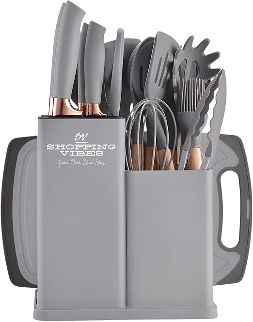 Premium 19pcs Kitchen Utensils Set: Professional & Stylish Chef Tools. Ideal Wedding Gift for Home Chefs. BPA-Free, Non-toxic Silicone Kitchenware to Modernize Your Kitchen (Grey)