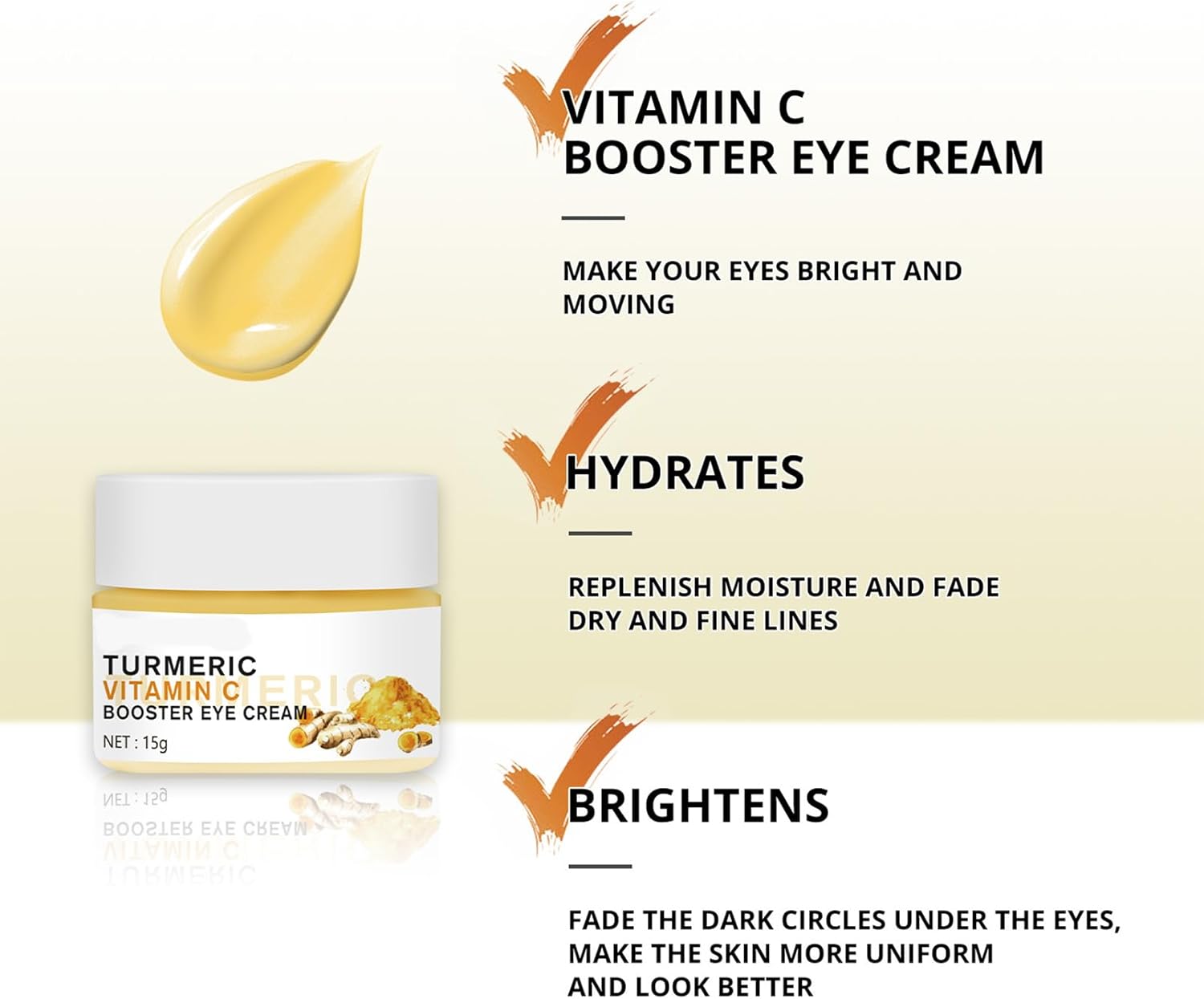 Turmeric Vitamin C Eye Cream,Eye Cream For Dark Circles, Puffiness, Crows Feet and Under Eye Bags with Vitamin C & Hyaluronic Acid for Fine Lines & Wrinkles & Brighten,All Skin Tones
