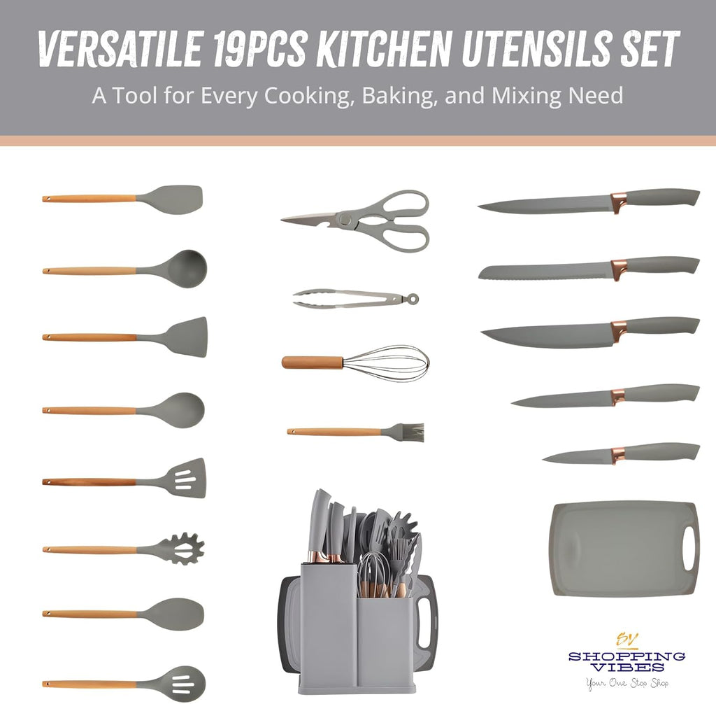 Premium 19pcs Kitchen Utensils Set: Professional & Stylish Chef Tools. Ideal Wedding Gift for Home Chefs. BPA-Free, Non-toxic Silicone Kitchenware to Modernize Your Kitchen (Grey)