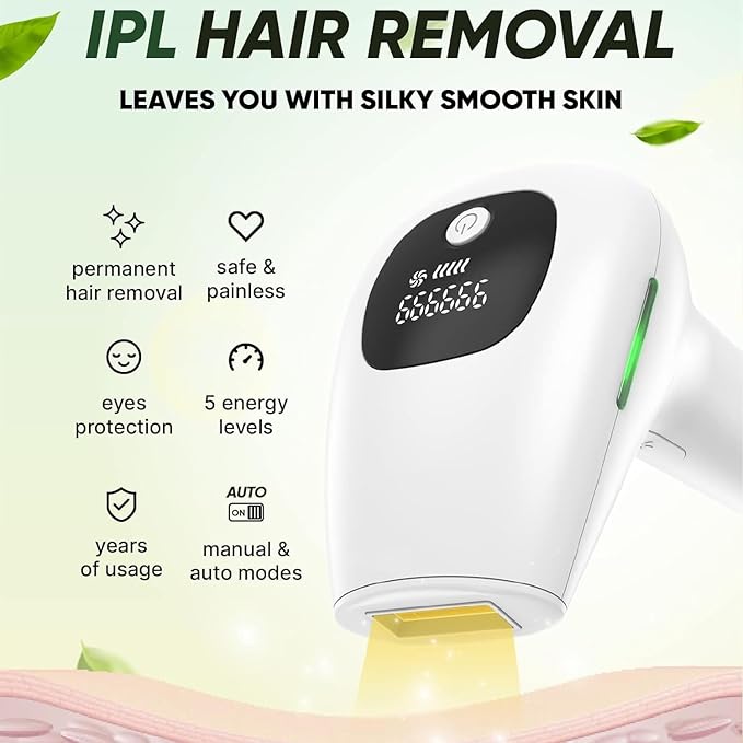 Laser Hair Removal Device, Pulse light hair removal device at home 500,000 flashes, Permanent Laser Hair Removal for women and men, Painless hair removal device for armpits, legs, arms