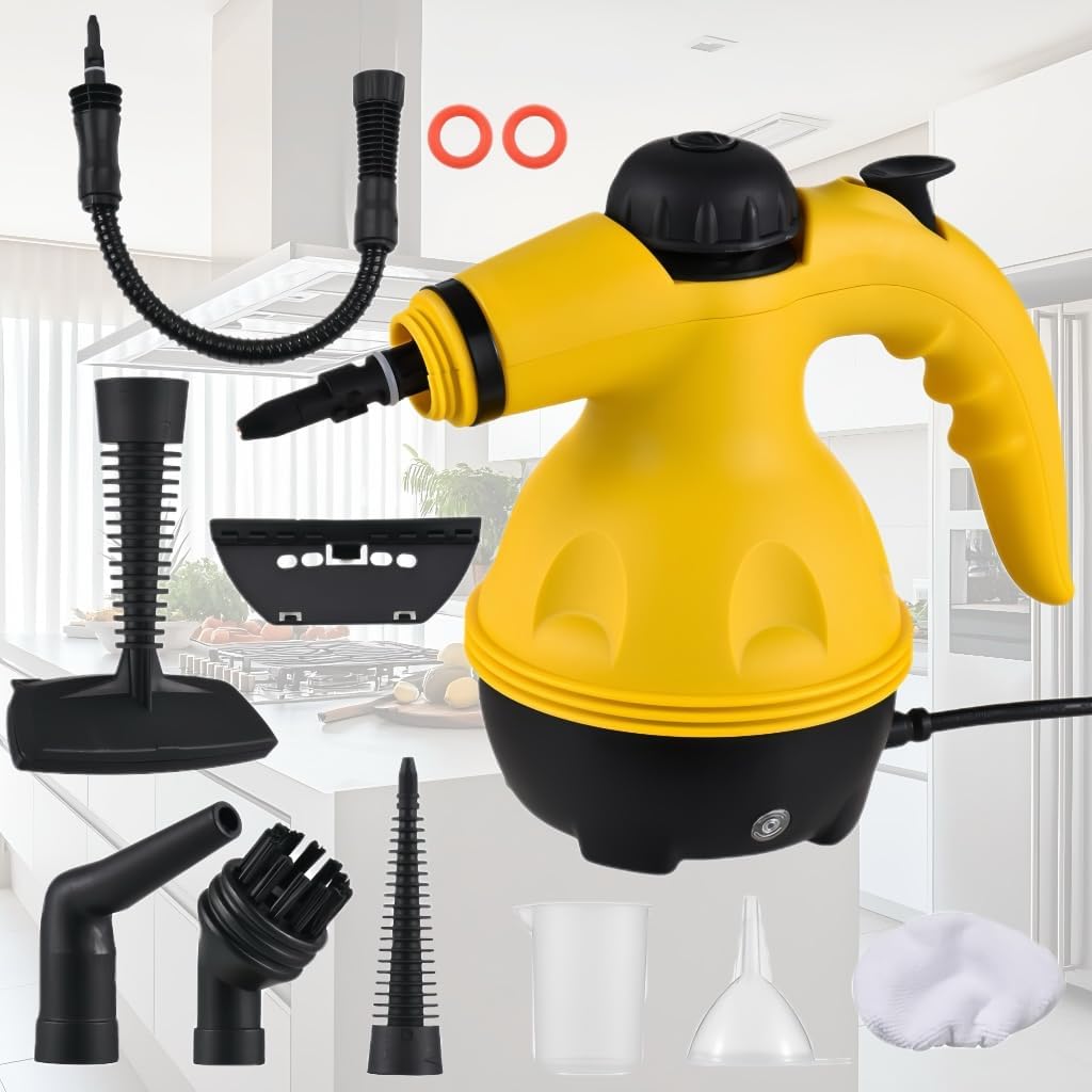 Portable Handheld Steam Cleaner 1000W Multifunctional High Temperature Pressurized Steam Cleaning Machine with 9PCS Accessory for Kitchen Sofa Bathroom Car Window,2 Nylon and 1 Copper Brush