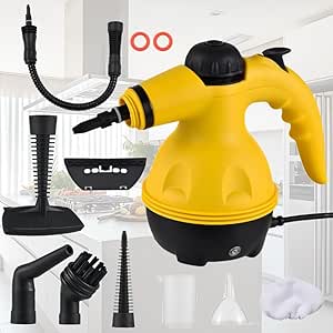 Portable Handheld Steam Cleaner 1000W Multifunctional High Temperature Pressurized Steam Cleaning Machine with 9PCS Accessory for Kitchen Sofa Bathroom Car Window,2 Nylon and 1 Copper Brush