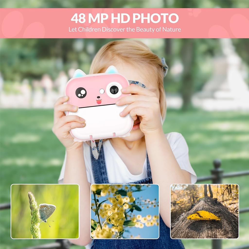 HASTHIP Instant Camera for Kids, 2 in 1 Mini Camera Ink Free Printer, with 35GB TF Card and 2.4 Inch Color Screen Instant Print Camera for Kids, Kids Camera for Kids 3-14 Years (Pink)
