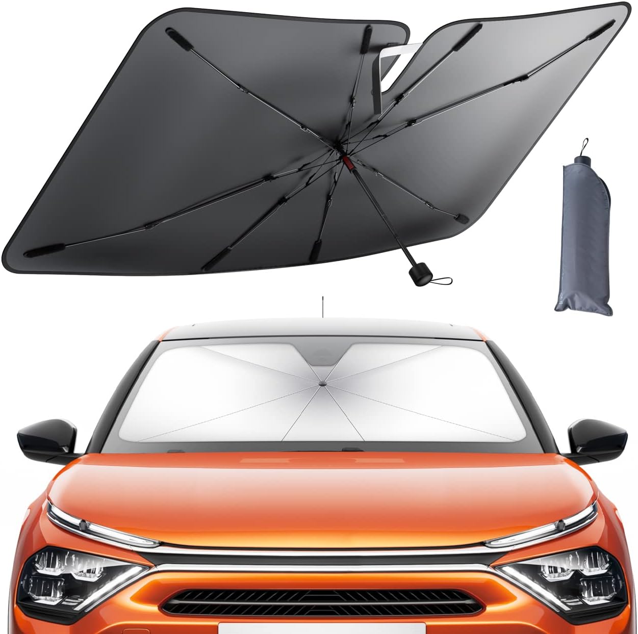 Car Windshield Sunshade Umbrella - 52"x31" Foldable Car Windshield Sun Shade Cover, 5 Layers UV Block Coating, Front Window Heat Insulation Protection, for Auto Sedan, SUV Windshield