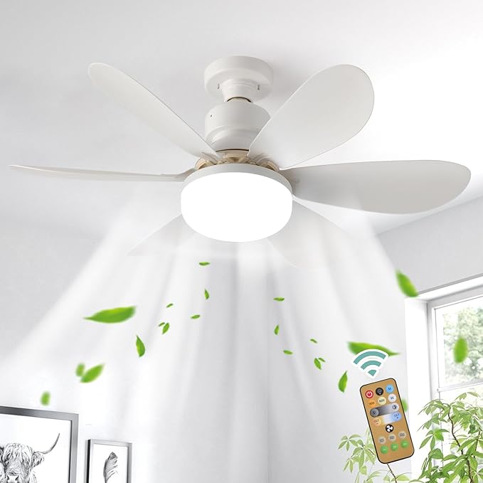 Screw in Ceiling Fan Light E27 Socket with Remote Control LED Lamp Small lamp for Bedroom fan ceiling 3 Speeds 3 Colors White Easy to Install Dimmable Mini Ceiling Fan