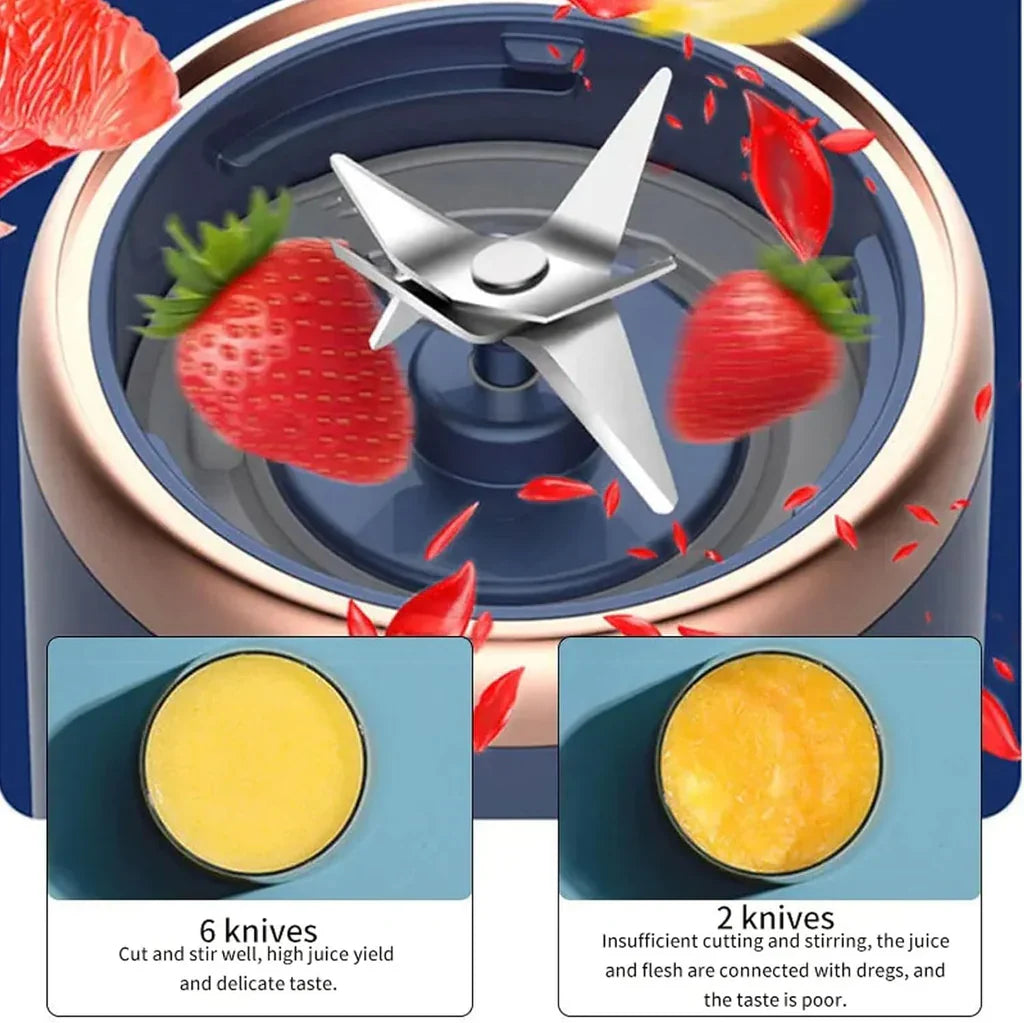 Mini Portable Juicer Blender/ 6 Blade Wireless Machine, 400ml Smoothie & Milkshake Maker, Blue USB Rechargeable with 2 Bottles, Versatile for Fresh Juices & Nutrient Extraction