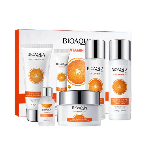BIOAQUA 6 Pcs Vitamin C Skin Care Set Moisturizing Anti-aging Face Cream Serum Facial Cleanser Skin Care Gift Set