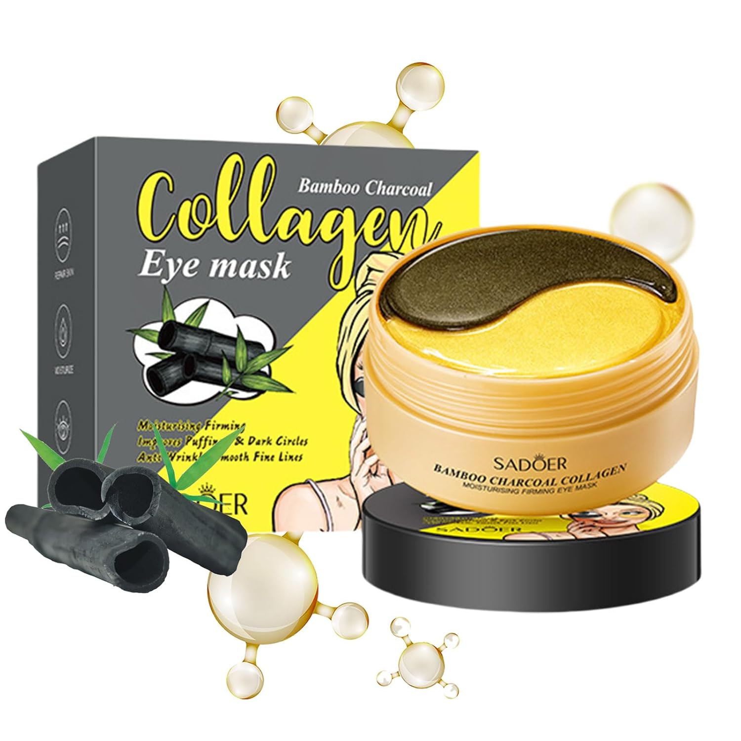 Under Eye Patches for Dark Circles, Bamboo Charcoal Collagen Dual Eye Mask - 60 Pcs Anti-Aging and Wrinkles Under Eye Patches for Puffy Eyes, Bags and Wrinkles Refresh Your Skin