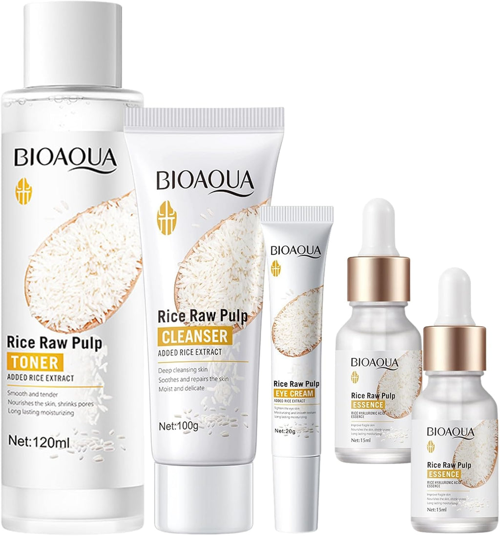 Rosarden Rice Raw Pulp Skin Care Set for Women and Teenage Girls, Rice Raw Pulp Skin Care Set with Rice Water Toner Cleansing Serum Eye Cream for Moisture, Anti Ageing, Firming Skin