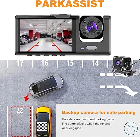 Dash Cam Car, HD 1080P Dash Cam Front Rear with 3 Cameras, Night Vision, 170° Wide Angle, G-Sensor, Motion Detection, Parking Monitoring, Car Safety Driving Recorder Supports 64GB Max
