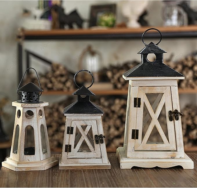 Sziqiqi Decorative Farmhouse Candle Lanterns Wood Metal Vintage Hanging Lantern for Patio Tabletop Indoor Outdoor Porch 2 Pack