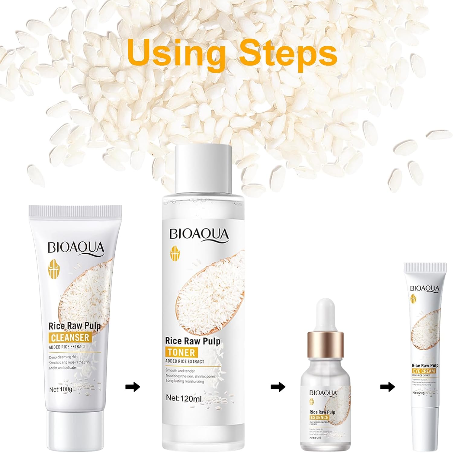 Rosarden Rice Raw Pulp Skin Care Set for Women and Teenage Girls, Rice Raw Pulp Skin Care Set with Rice Water Toner Cleansing Serum Eye Cream for Moisture, Anti Ageing, Firming Skin