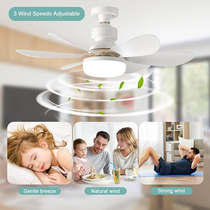 Screw in Ceiling Fan Light E27 Socket with Remote Control LED Lamp Small lamp for Bedroom fan ceiling 3 Speeds 3 Colors White Easy to Install Dimmable Mini Ceiling Fan