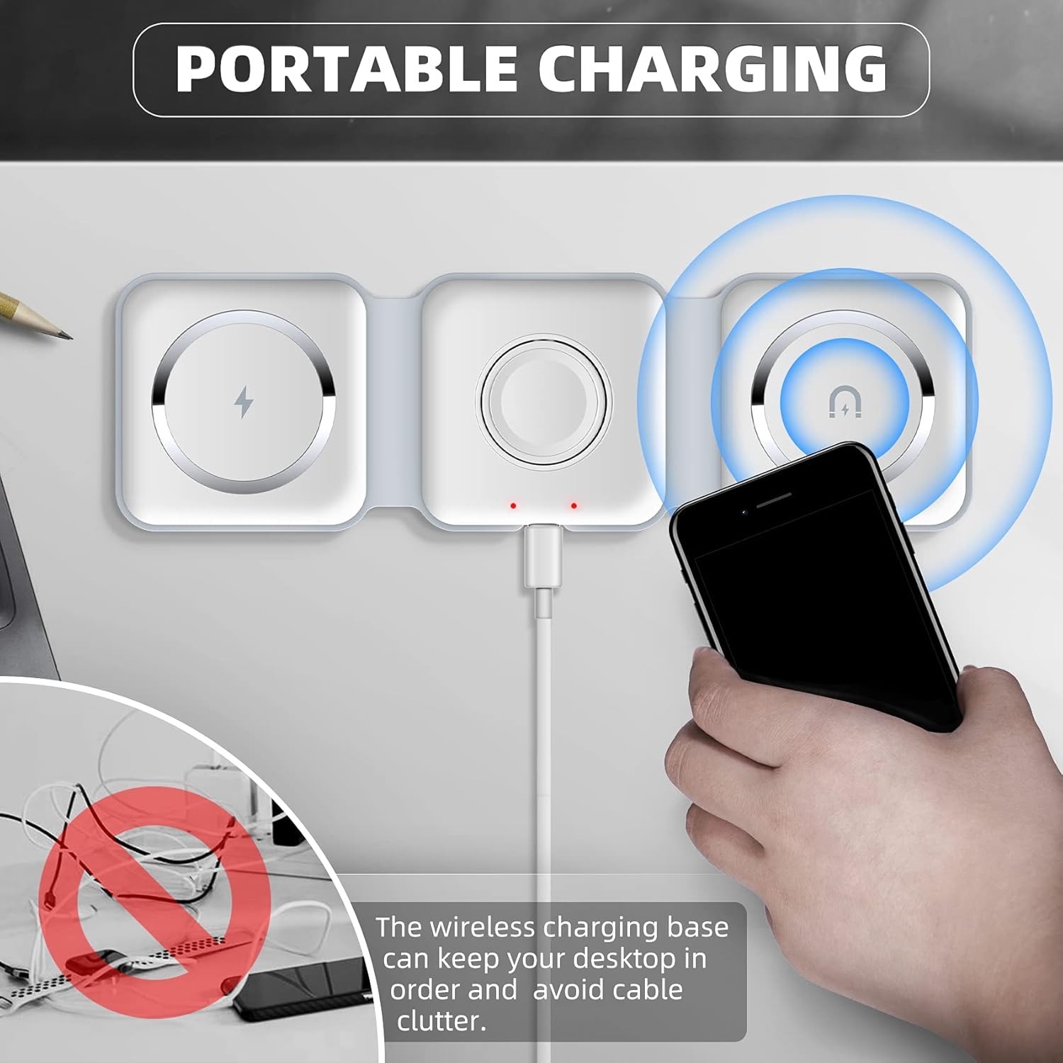 Magnetic Wireless Charger,Foldable Travel 3 In 1 Wireless Charging Station 15w Mag-Safe Wireless Charger Stand Compatible with iPhone 15/14/13/12/11/Pro/Max/X/XS/XR, Apple Watch and Airpods (White)