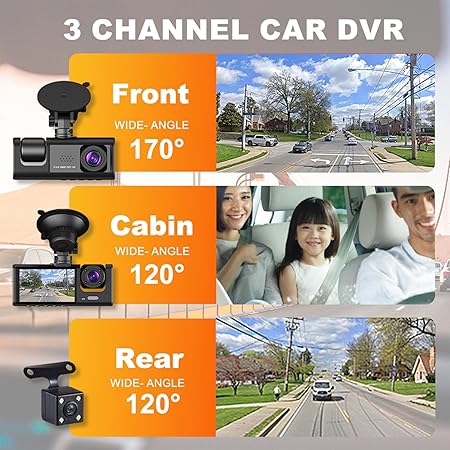Dash Cam Car, HD 1080P Dash Cam Front Rear with 3 Cameras, Night Vision, 170° Wide Angle, G-Sensor, Motion Detection, Parking Monitoring, Car Safety Driving Recorder Supports 64GB Max