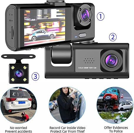 Dash Cam Car, HD 1080P Dash Cam Front Rear with 3 Cameras, Night Vision, 170° Wide Angle, G-Sensor, Motion Detection, Parking Monitoring, Car Safety Driving Recorder Supports 64GB Max