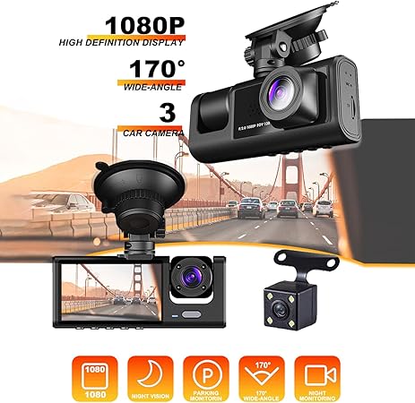 Dash Cam Car, HD 1080P Dash Cam Front Rear with 3 Cameras, Night Vision, 170° Wide Angle, G-Sensor, Motion Detection, Parking Monitoring, Car Safety Driving Recorder Supports 64GB Max