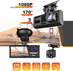 Dash Cam Car, HD 1080P Dash Cam Front Rear with 3 Cameras, Night Vision, 170° Wide Angle, G-Sensor, Motion Detection, Parking Monitoring, Car Safety Driving Recorder Supports 64GB Max