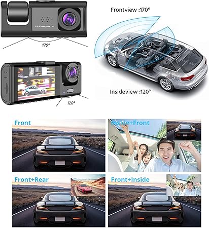 Dash Cam Car, HD 1080P Dash Cam Front Rear with 3 Cameras, Night Vision, 170° Wide Angle, G-Sensor, Motion Detection, Parking Monitoring, Car Safety Driving Recorder Supports 64GB Max