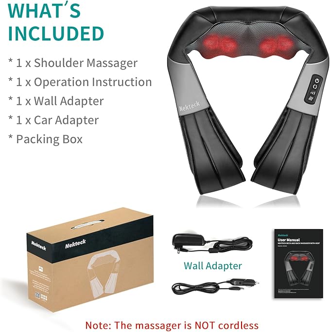 Neck and Back Massager with Soothing Heat, Electric Deep Tissue 3D Kneading Massage Pillow for Shoulder, Leg, Body Muscle Pain Relief, Home, Office, and Car Use