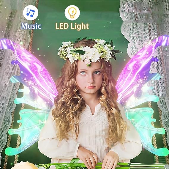Electric Fairy Wings with LED Lights, LED Butterfly Wings with Music for Girls Women to Cosplay Dress Up, Gifts for Kids