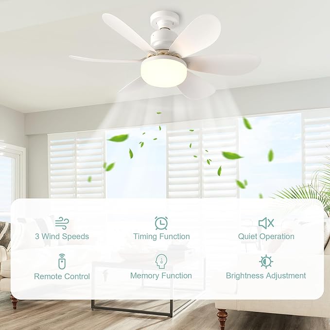 Screw in Ceiling Fan Light E27 Socket with Remote Control LED Lamp Small lamp for Bedroom fan ceiling 3 Speeds 3 Colors White Easy to Install Dimmable Mini Ceiling Fan