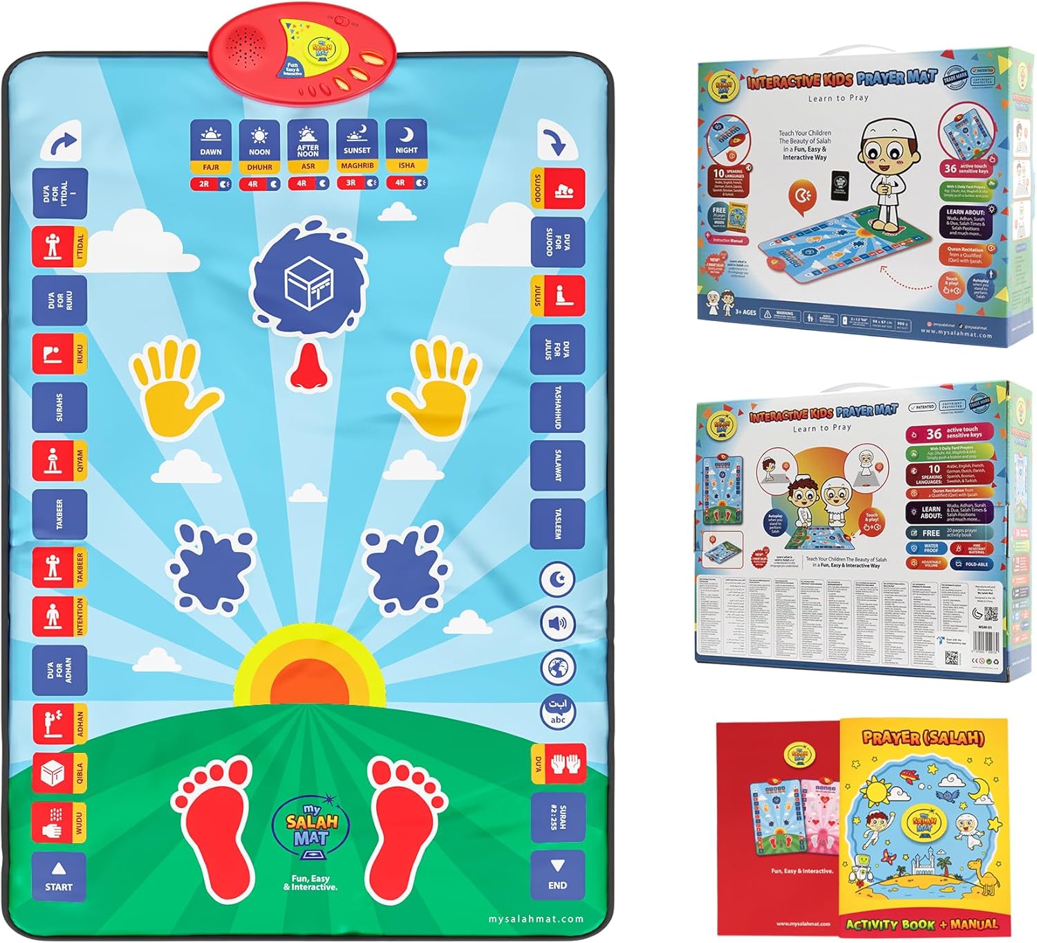 Prayer Mat for Kids - Smart interactive Prayer Mat for learning Salah, Surah, Wudu and Duas - Islamic prayer mat with 10 languages, Salah Translation, 25 Touch Keys and padded mat for Kids 3+