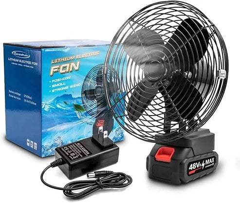 Portable Camping Fan, 21V Lithium Battery-Powered, Strong Wind, Low Noise, 48Vf MAX