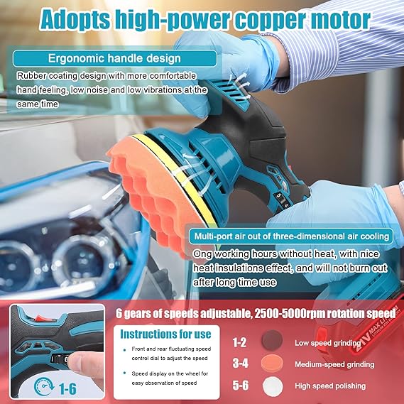 Cordless Car Polisher 6 Gears of Speeds Adjustable Electric Auto Polishing Machine Multifunctional Home Cleaning Metal Waxing Wood Sanding Rust Removal Machine