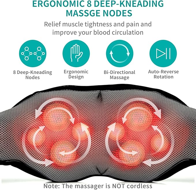 Neck and Back Massager with Soothing Heat, Electric Deep Tissue 3D Kneading Massage Pillow for Shoulder, Leg, Body Muscle Pain Relief, Home, Office, and Car Use