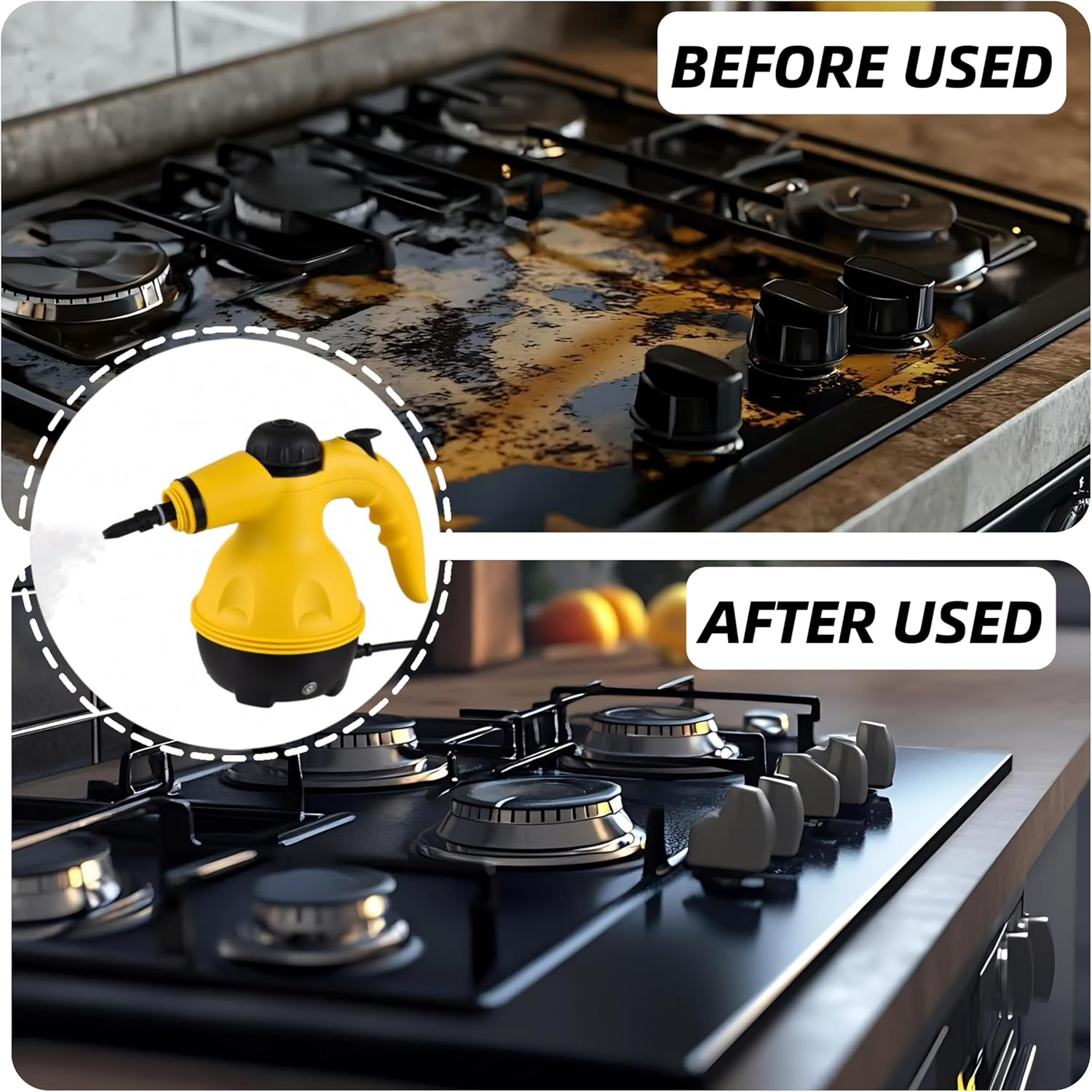 Portable Handheld Steam Cleaner 1000W Multifunctional High Temperature Pressurized Steam Cleaning Machine with 9PCS Accessory for Kitchen Sofa Bathroom Car Window,2 Nylon and 1 Copper Brush