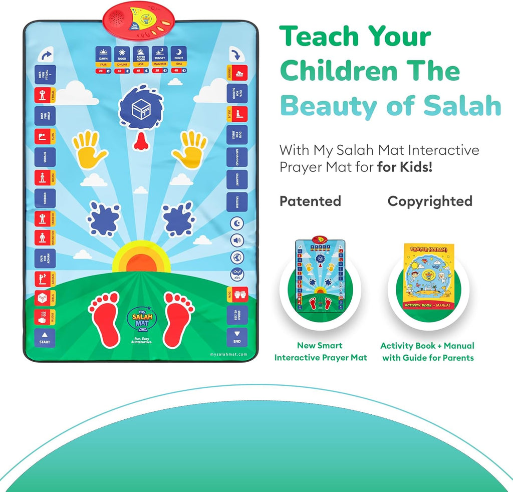 Prayer Mat for Kids - Smart interactive Prayer Mat for learning Salah, Surah, Wudu and Duas - Islamic prayer mat with 10 languages, Salah Translation, 25 Touch Keys and padded mat for Kids 3+