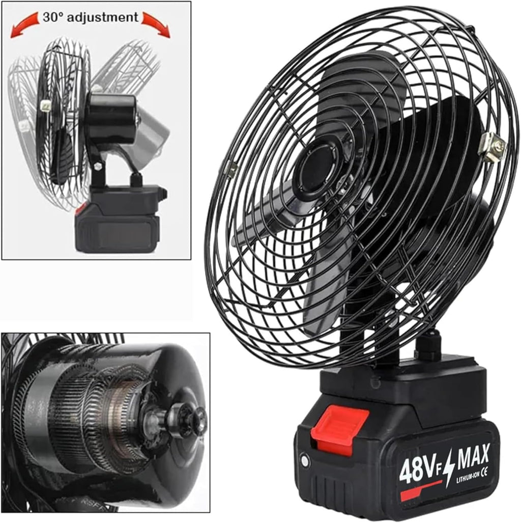 Portable Camping Fan, 21V Lithium Battery-Powered, Strong Wind, Low Noise, 48Vf MAX