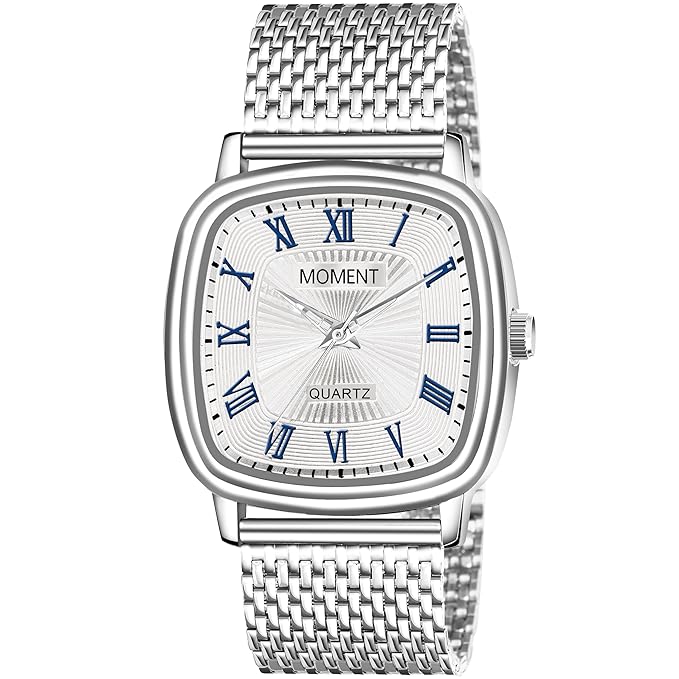 Moment Men's Stainless Steel Quartz Watch with White Roman Dial | 45mm Case | Mesh Strap