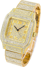 3PC/Set Crystal Watch for Men Necklace Bracelet Jewelry Set Men Bling Gold Silver Diamond Iced Out Cuban Chain Clock Relogio and Box