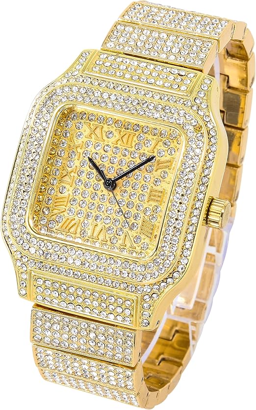 3PC/Set Crystal Watch for Men Necklace Bracelet Jewelry Set Men Bling Gold Silver Diamond Iced Out Cuban Chain Clock Relogio and Box