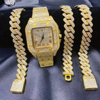 3PC/Set Crystal Watch for Men Necklace Bracelet Jewelry Set Men Bling Gold Silver Diamond Iced Out Cuban Chain Clock Relogio and Box