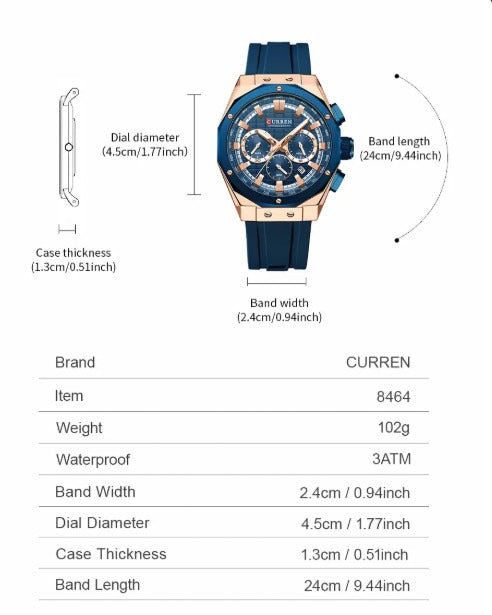 CURREN 8462 New New Men Watches Multi Functional Date Waterproof Silicone Strap Top Sports Wristwatch Quartz Watch for Men