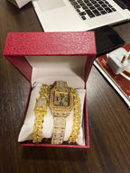 3PC/Set Crystal Watch for Men Necklace Bracelet Jewelry Set Men Bling Gold Silver Diamond Iced Out Cuban Chain Clock Relogio and Box