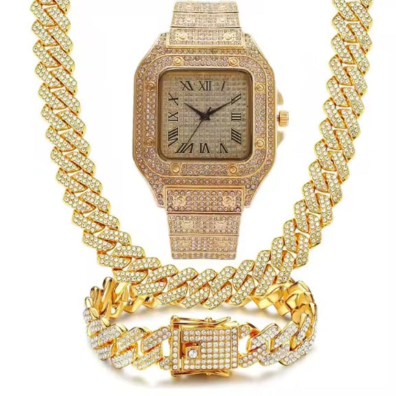 3PC/Set Crystal Watch for Men Necklace Bracelet Jewelry Set Men Bling Gold Silver Diamond Iced Out Cuban Chain Clock Relogio and Box