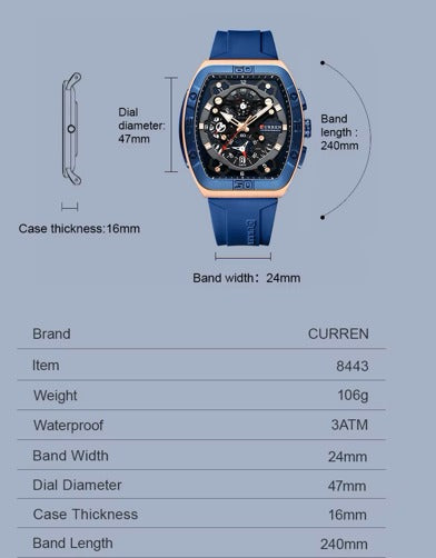 CURREN 8443 Original Brand Rubber Straps Wrist Watch For Men
